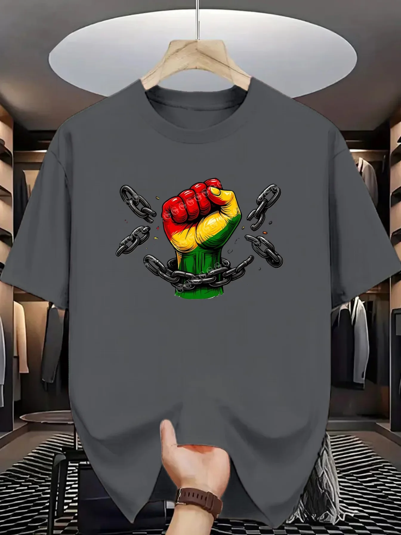 Men's Unity Is Strength T-Shirt - Raised Fist Rastafari Colors Design, Crew Neck Short Sleeve Casual Summer Top with Iconic Symb