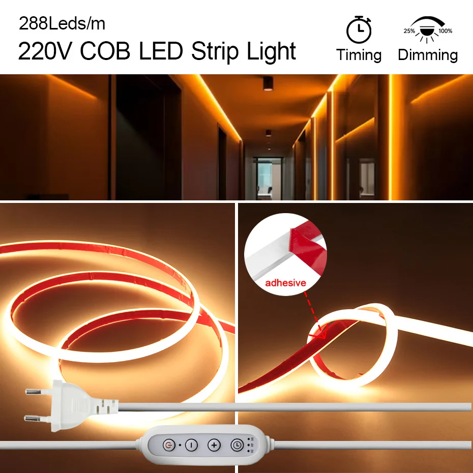 

Водонепроницаемая светодиодная лента COB AC220V с вилкой EU/AU/UK, клейкая лента, гибкая лента с регулируемой яркостью для наружного освещения и декоративного оформления
