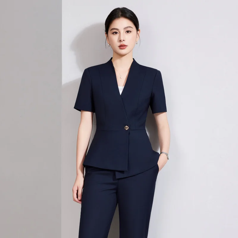 

Elegant front desk hotel workwear summer short-sleeved professional suit set for women, pants and skirt two-piece summer outfit