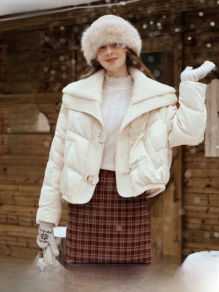 

OLrain Ele Double Layer Fur Collar ort Faionable Women's down Jaet Cozy Warm French Sle Regular Fit Du down Coat