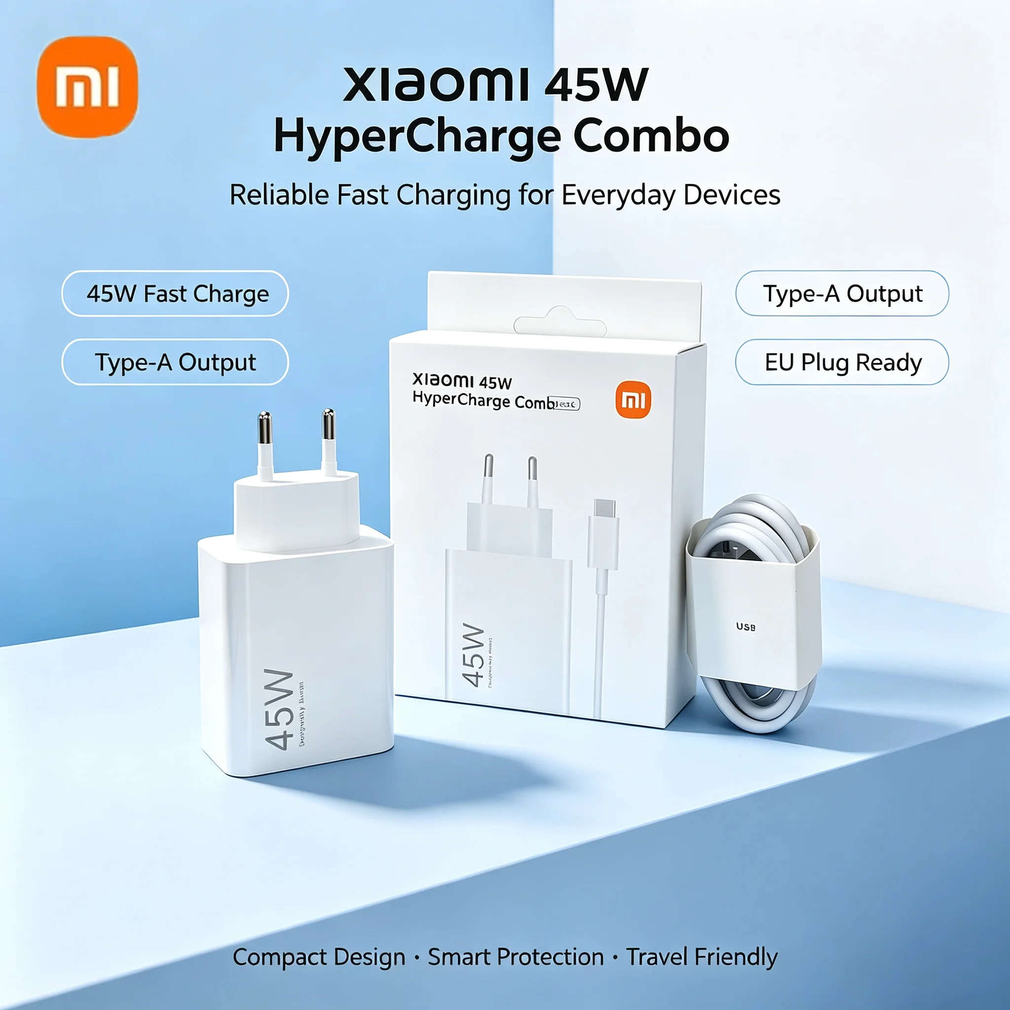 Adaptador de Carregamento Rápido Original Xiaomi 45W Turbo com Cabo Tipo C para Redmi A7 Pro, Note 15 Pro, 14, 13, Poco M7 Pro, M8 e Pad