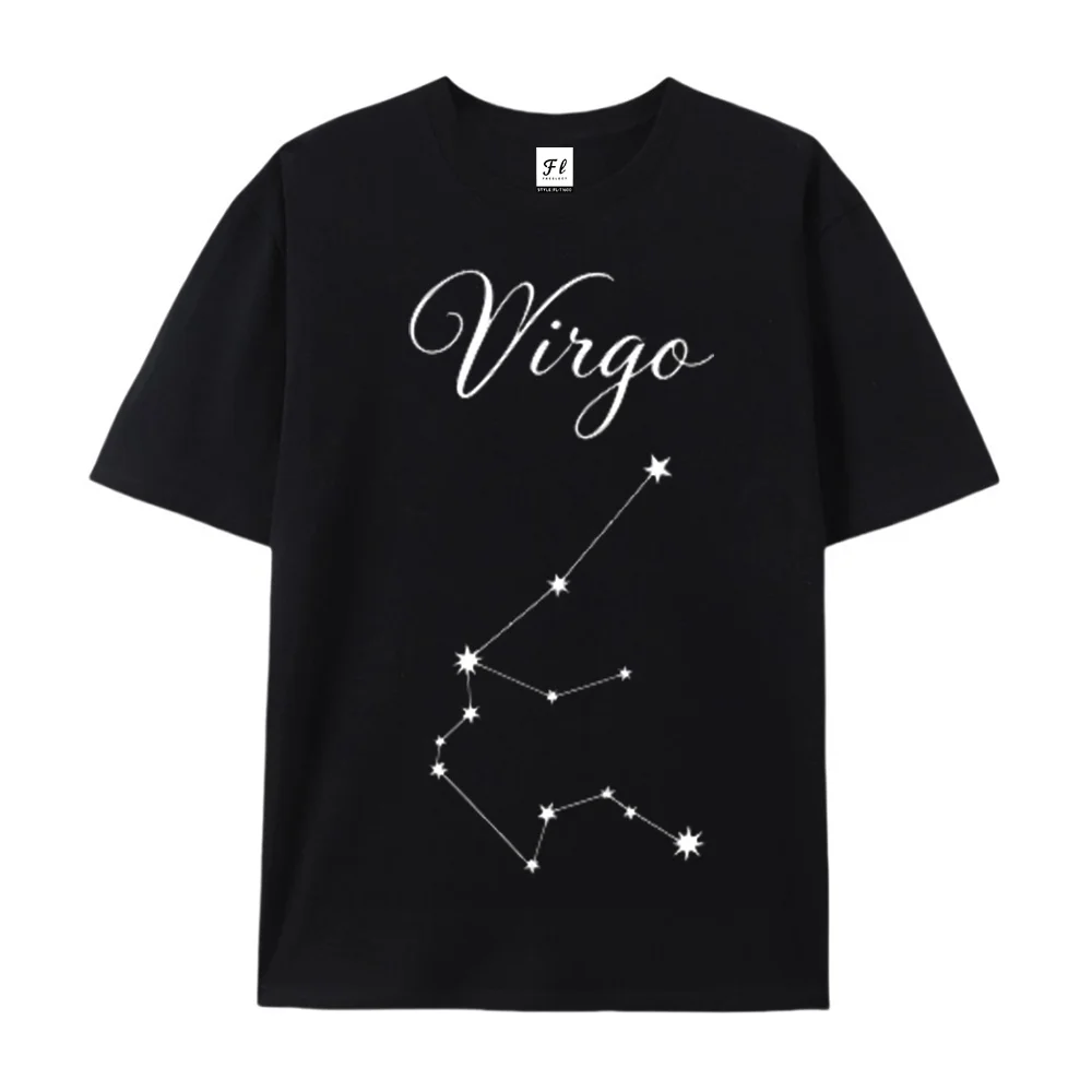 Virgo Zodiac Constellation Graphic Shirt Minimalist Crew Neck Cotton Casual Vintage Fashion Short Sleeve Horoscope Star Sign Top