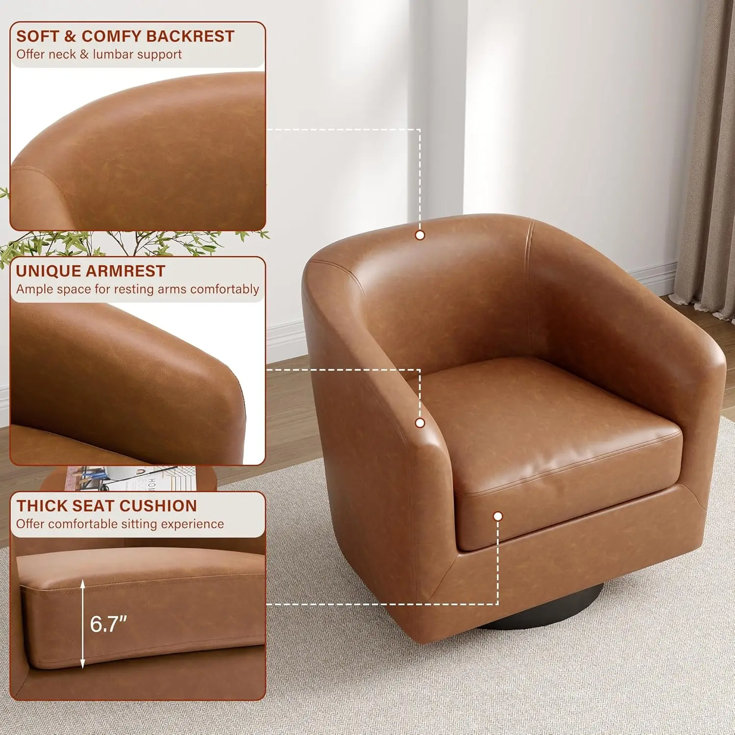 Set of 2 Faux Leather Swivel Barrel Chairs Upholstered Comfy 360 Degree Rotation Round Accent Chairs Single Sofa for Living Room