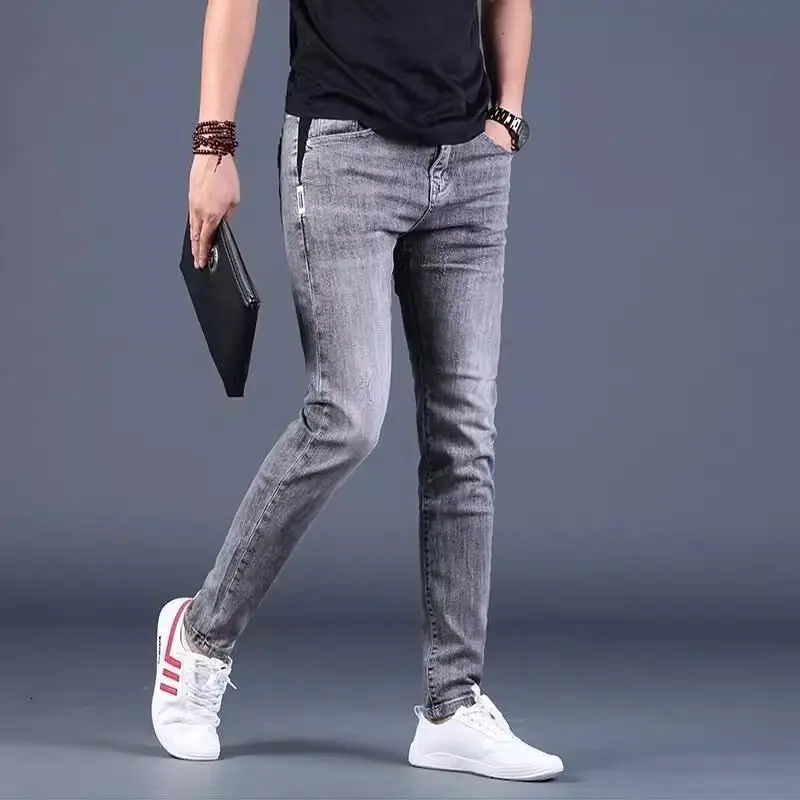 Pantalones vaqueros de estilo coreano para hombre, pantalones de mezclilla ajustados Kpop, pantalones de mezclilla elásticos de alta gama para otoño, nuevos