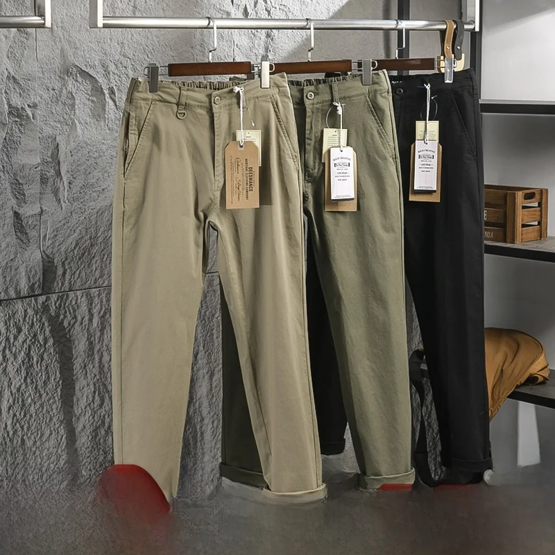 American Style Men's Casual Pants Spring Summer Washed Cotton Elastic Breathable Straight Leg Long Pants Simple Casual Wear
