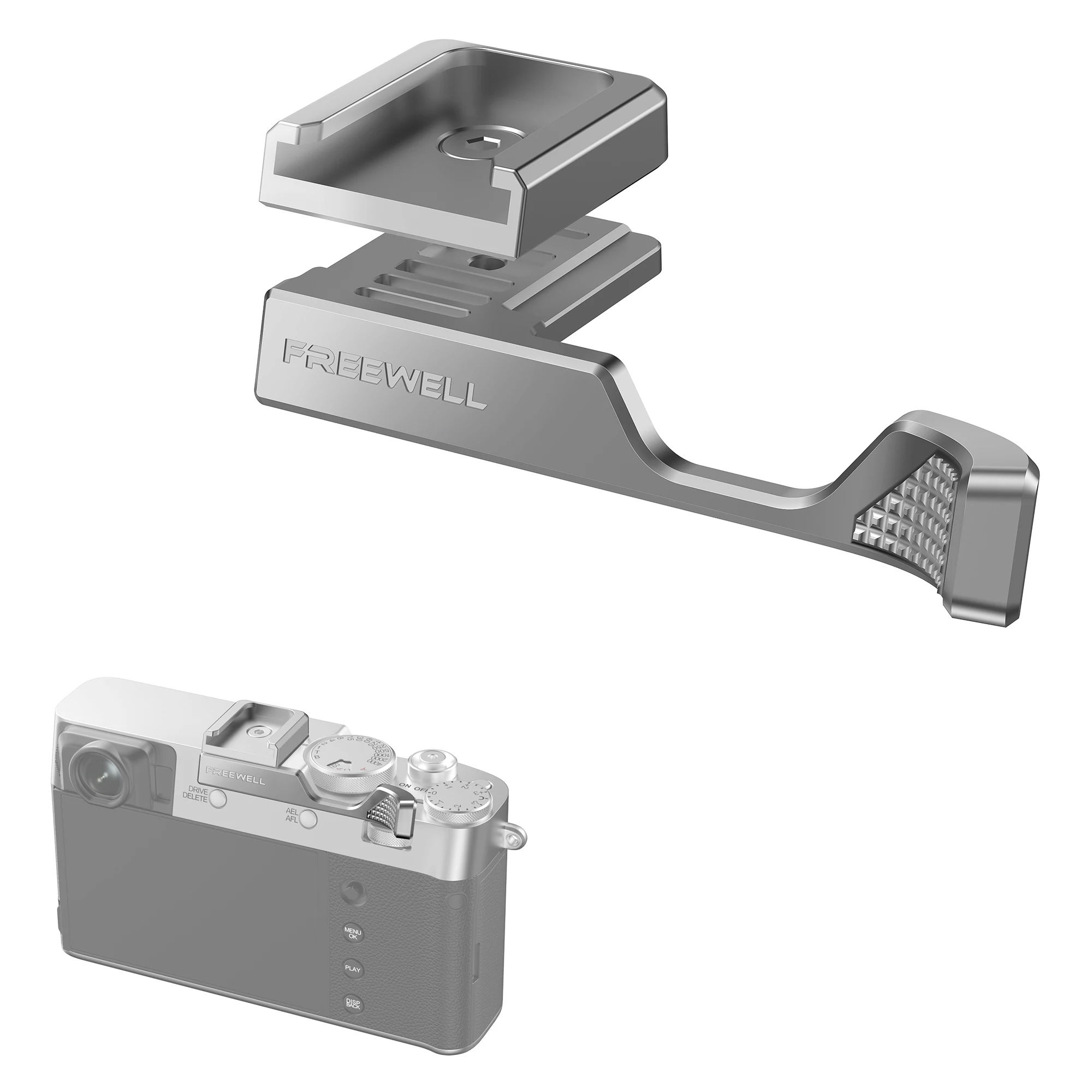 

Freewell Thumb Grip Compatibility with Fuji X100VI Camera, Precision CNC Aluminum Construction for Better Comfort and Control.