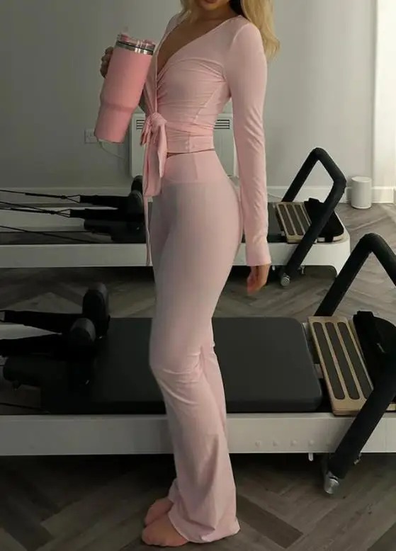 

V-Neck Lace Up Exposed Navel Long Sleeved Top and High Waisted Leggings Set for Autumn 2025 Women's Fitness Yoga 2-Piece Set
