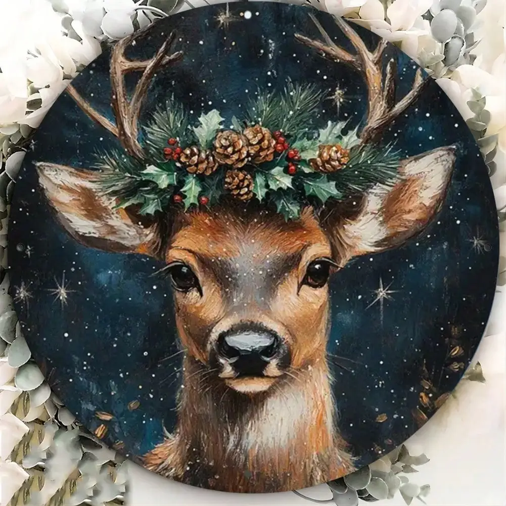 Vintage Rentier Holly Rundes Metallschild 20,3 x 20,3 cm, festliche Sternenhimmel-Wandkunst für Bar, Café, Club, Dekoration