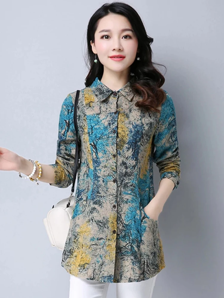 2024 New Spring Cotton Blends Women Blouse Casual Loose Long Sleeve Blouses Shirts Vintage Floral Print Female Blusas Tops