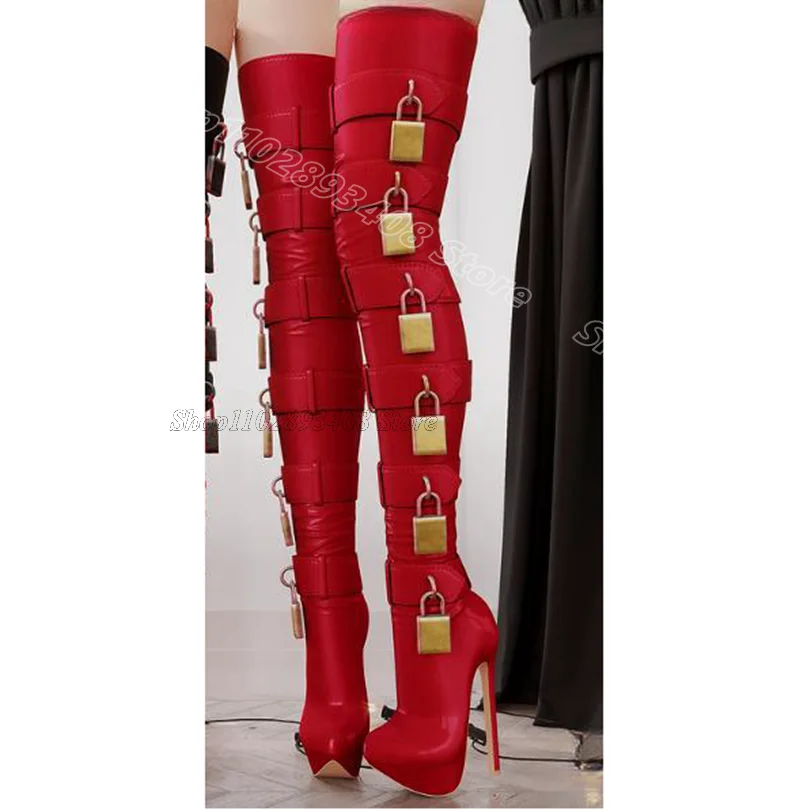 Botas de plataforma con decoración de bloqueo rojo, hebilla de cinturón de cuero con punta redonda, diseño de otoño para Mujer, botas por encima de la rodilla, 2024