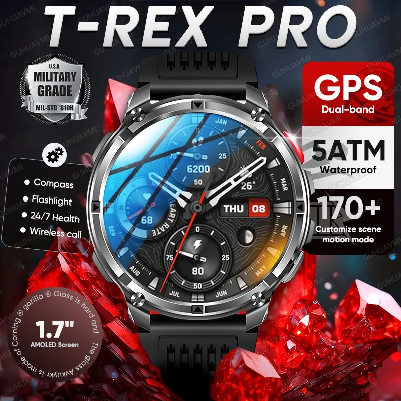 

2026 New T-Rex3 Pro 1100mAh Battery Smart Watch 1.7" AMOLED Compass 5ATM Waterproof Sports Run Outdoors Military AGPS Smartwatch