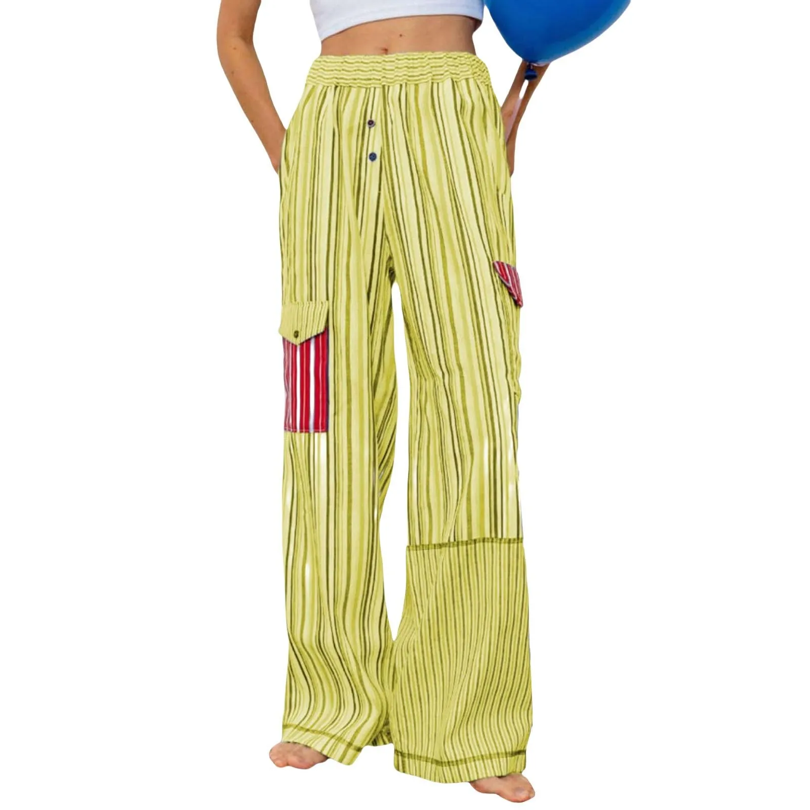 Женские цветные полосатые брюки с карманами, повседневные широкие прямые брюки средней посадки в стиле пэчворк, модные удобные брюки