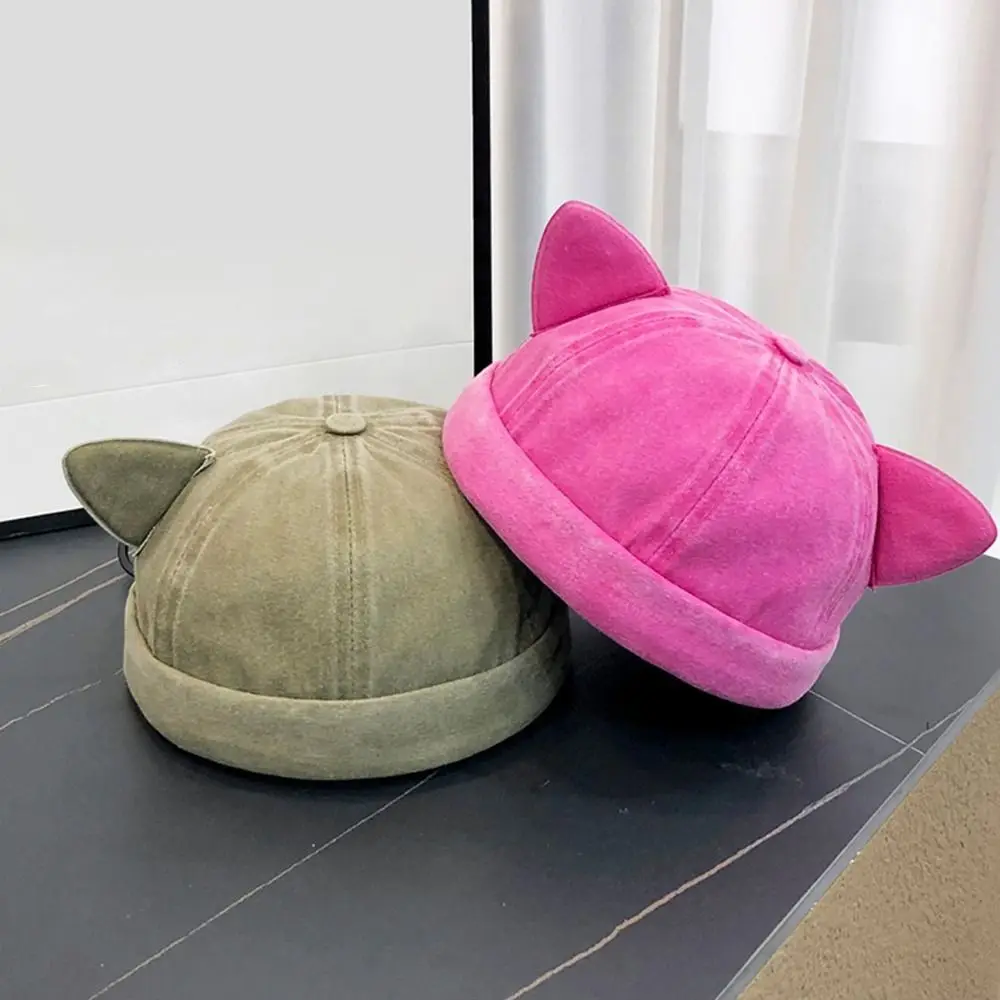 Foldable Cute Cat Ears Brimless Hat Adjustable Sweet Solid Color Beanie Hat Breathable Washed Old Basin Hat Unisex