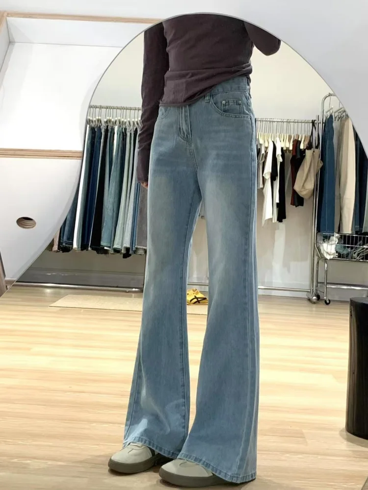 

High Waist Bell Bottom Jeans Women's Light Blue Loose Fit Wide Leg Pants Casual Wear Comfortable Denim Trousers Autumn Season
