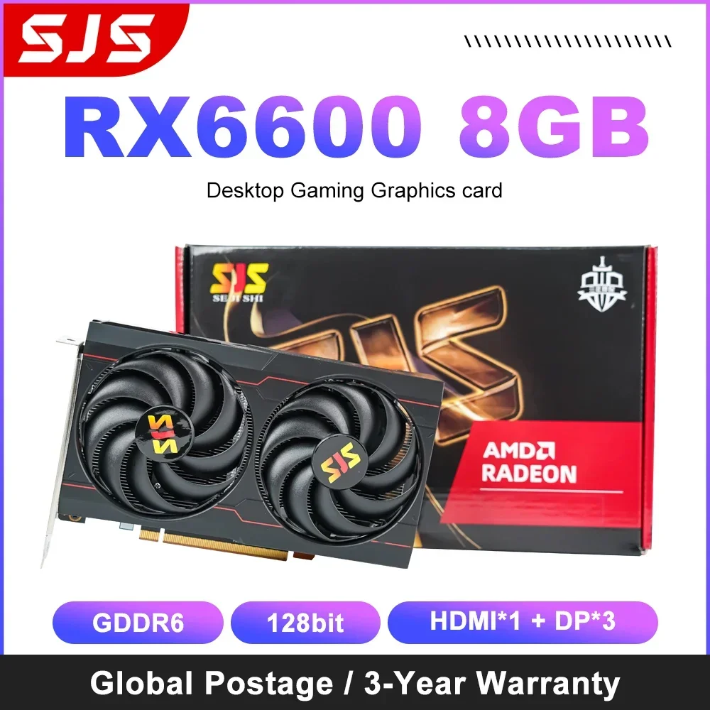 Sejishi การ์ดจอ RX 6600 8GB GDDR6 128Bit 1750-2044 MHz 3DP + การ์ด HDMI 1ใบรองรับ RX6600วิดีโอตั้งโต๊ะ