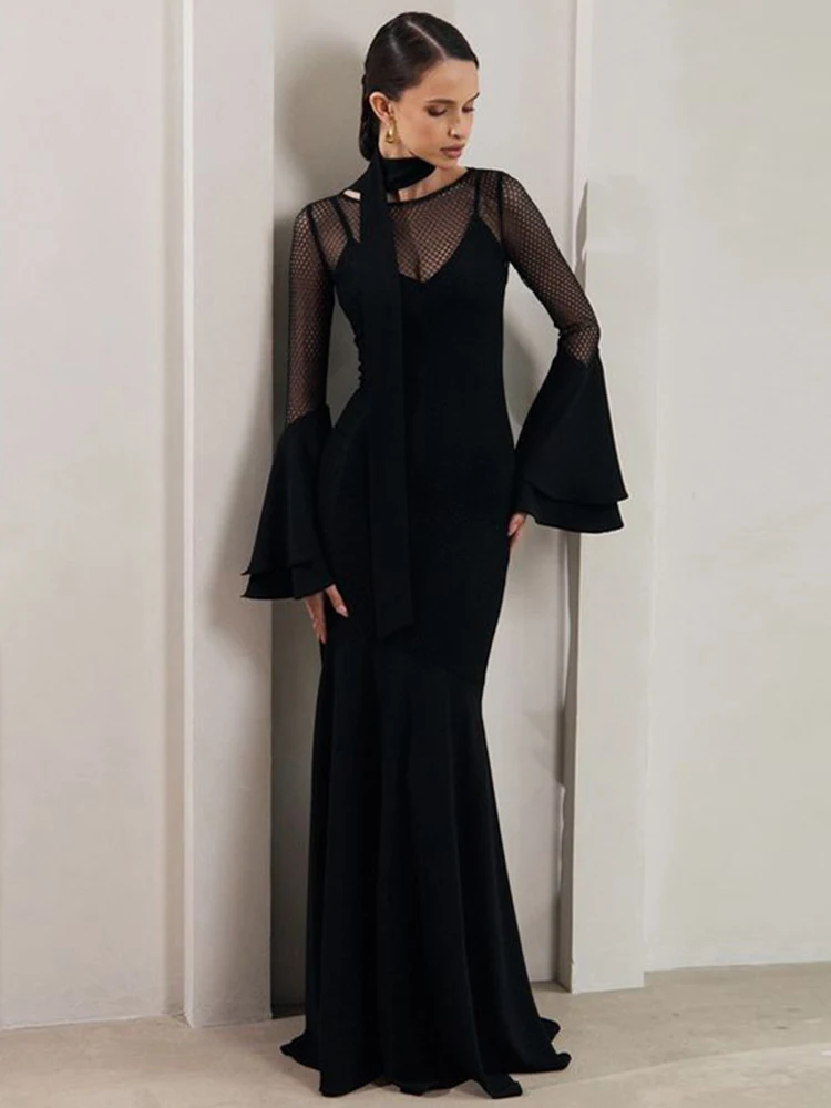 

Trendix Lace Patchwork Elegant Dress Femme Black Sexy See Through High Waist Slim Long Sleeve Maxi Dresses Women's Evening Dress