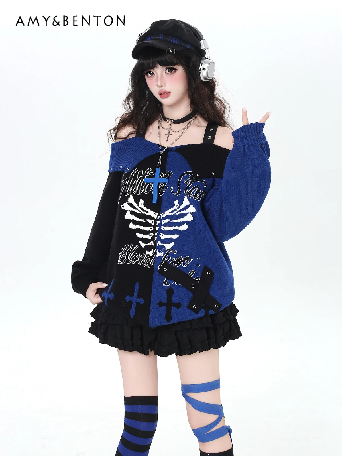 

Original Y2K Gothic Subculture Off-Shoulder Sweater Harajuku Style Sweet Cool Printed Patchwork Color Oversized Sweater Women
