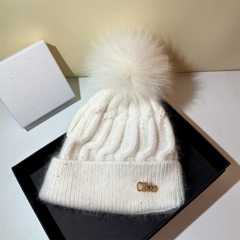 winter new wool hat thick and warm natural real fox fur ball suitable for women's outdoor skiing and play