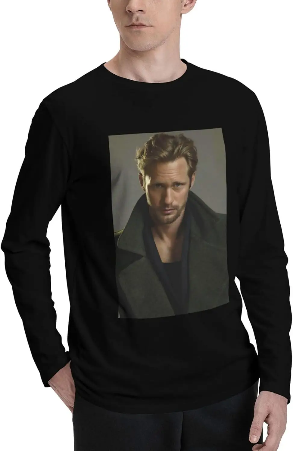 Alexander Skarsgard T-Shirts Men'S Long Sleeve Casual Crew Neck Print Fashion Tee Tops Black