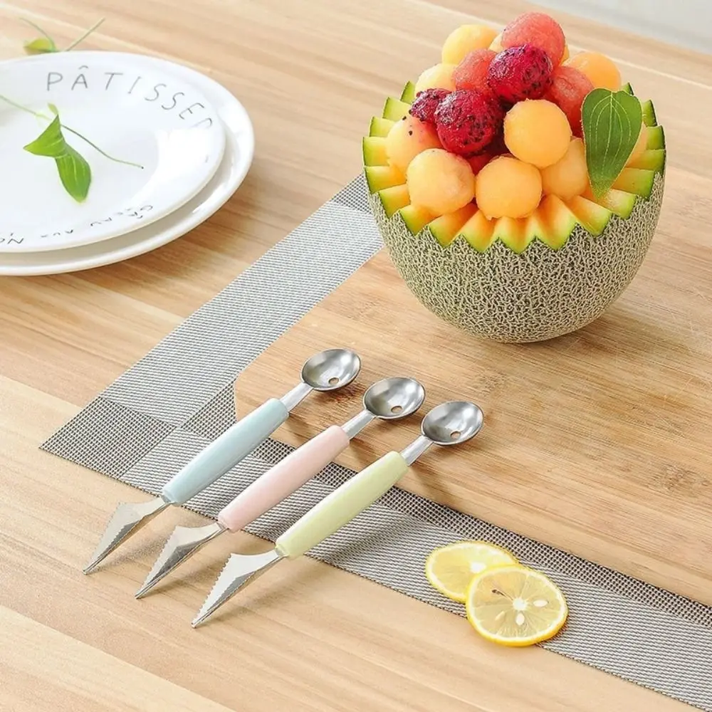 

New Stainless Steel Dual-head Spoon Green Pink Blue 2 in 1 Watermelon Scoop Fruit Cutter Kitchen Tool Gadgets