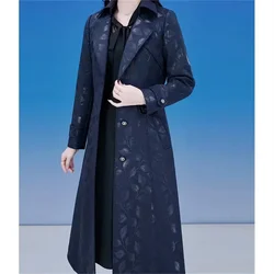 High Quality Jacquard Women's Windbreaker Large Size 6XL Windproof Trench Coat Mother's Jacklets New For Autumn Winter 2024 Navy