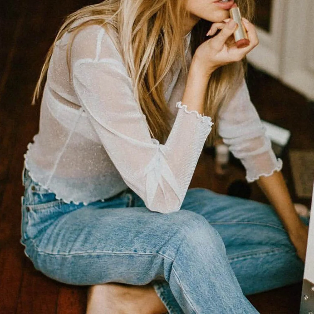 Sexy Mesh Shiny Langarm T Shirt Frauen Sommer Transparent Club Party Schwarz T-shirts Sexy Dünne O Hals Kurze Tops