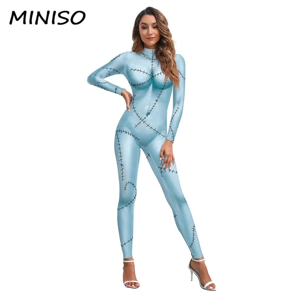 MINISO Disguise Movie Sally Costume Zentai Bodysuit Halloween Cosplay Party Dress Up Woman Gothic Dresses Leggings Jumpsuit