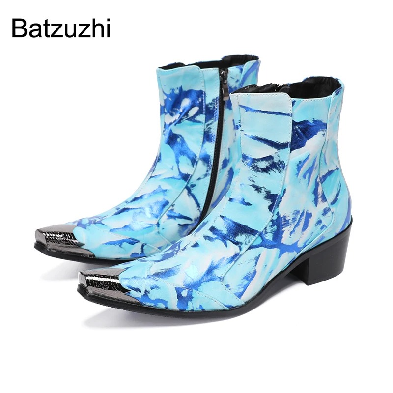 

Batzuzhi Cowboy Cool Men's Boots Pointed Metal Toe Blue Leather Ankle Boots for Men Zip 6.5cm High Heels Botas Hombre, Big Size