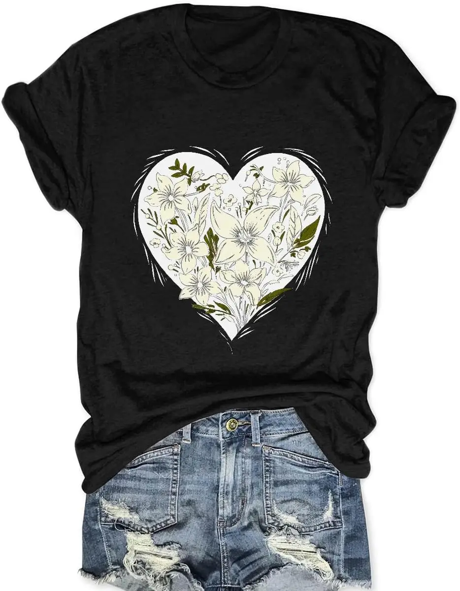 Women Boho Flower Shirt Heart Print Boho Daisy T Shirt Vintage Wildflower Graphic Tees Short Sleeve Tops