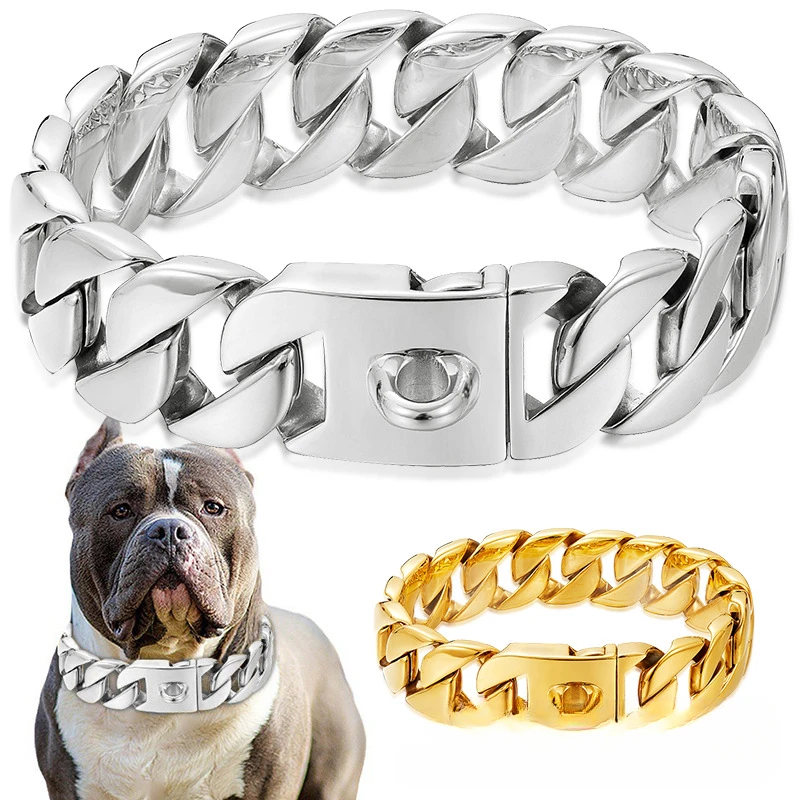 

32MM Stainless Steel Cast Gold Dog Collar Solid Buckle Necklace Bully Fighting Large Dog Dog Chain