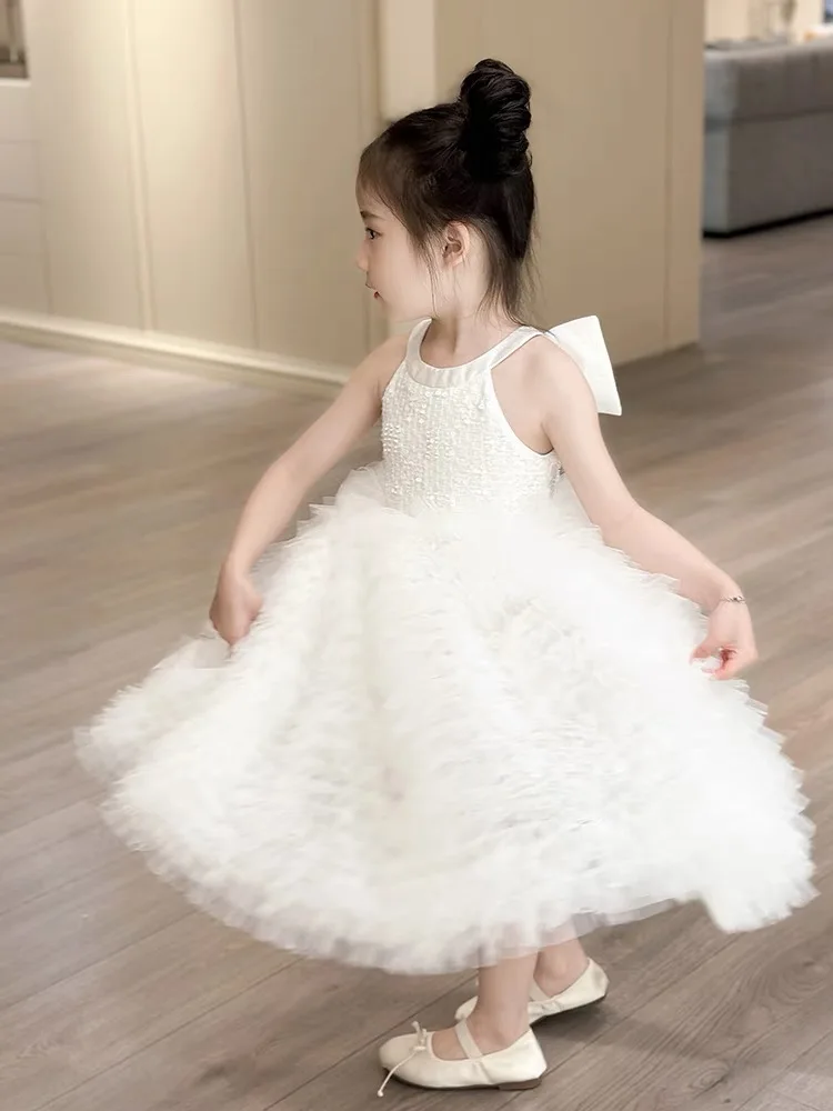 2-10 Years Girls Princess Dress Summer Sequin Tulle Big Bow Wedding Dress Performance Costume Host Costume Children's Clothing