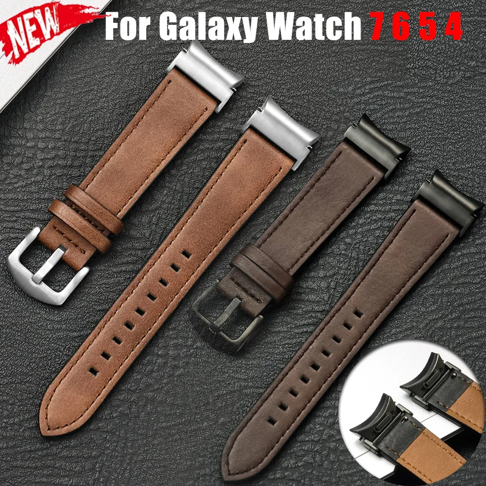 Pulseira de Couro para Samsung Galaxy Watch 7 6 5 40/44mm 6 Classic 43/47mm, Bracelete Sem Fendas para Galaxy Watch 5 Pro