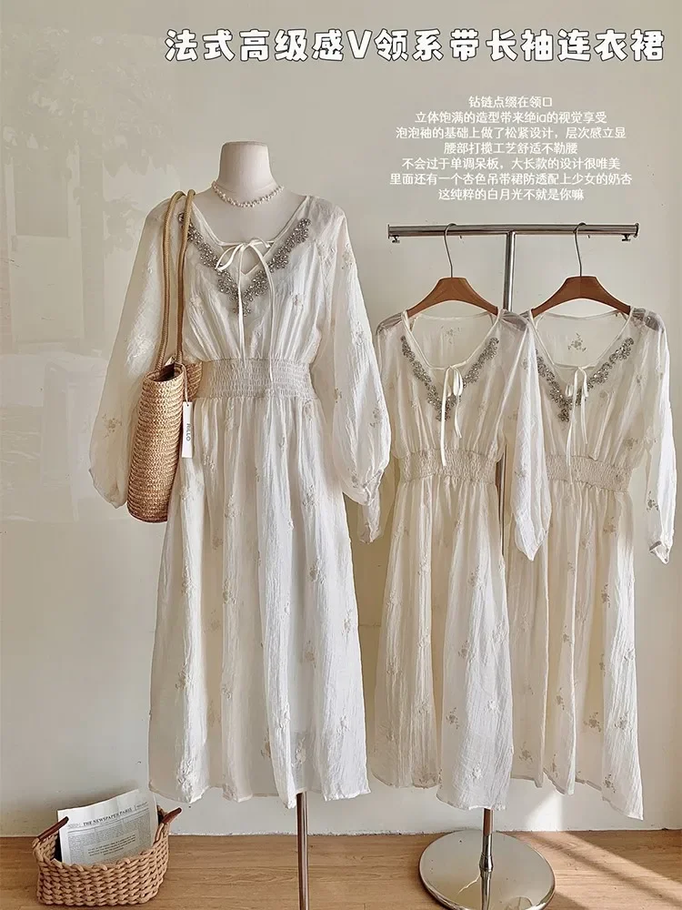 

Women's French Casual Long Party Dress New Retro Embroidered Lace-Up Lantern Sleeve Temperament Dress 2024 Spring Fairy Dress