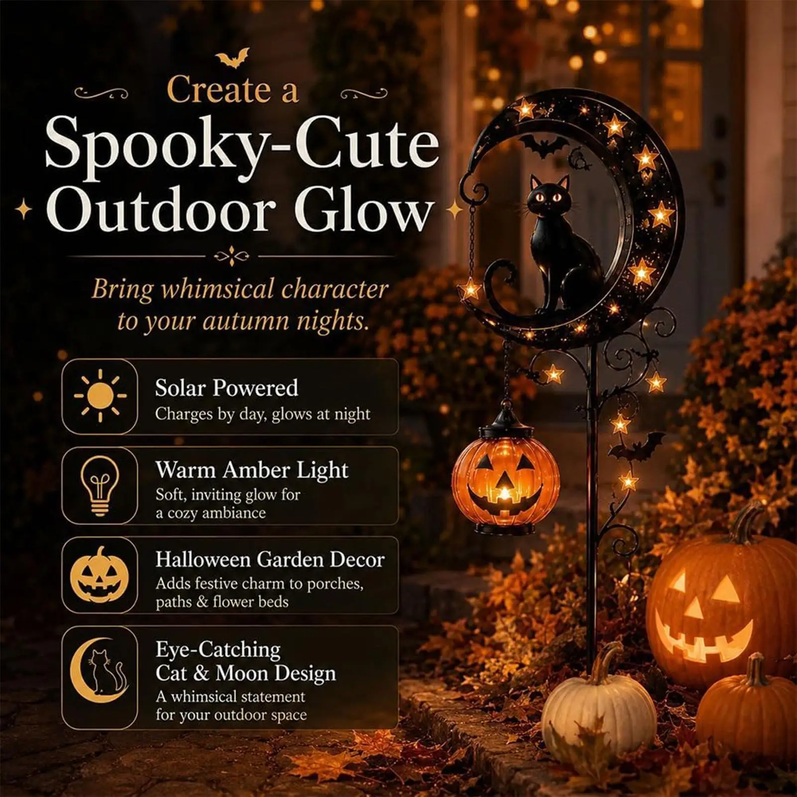 Solar Garden Stake Light Metal Weather-Resistant Spooky Decoration Pumpkin Moon Garden Light For Patio Yard Lawn Pathway Porch