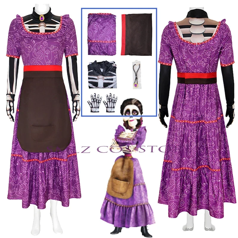 Anime CoCo Mama Imelda Cosplay Costume Girls Skeleton Dresse Music Dreaming Around Halloween Party Fancy Dress For Kids Purple