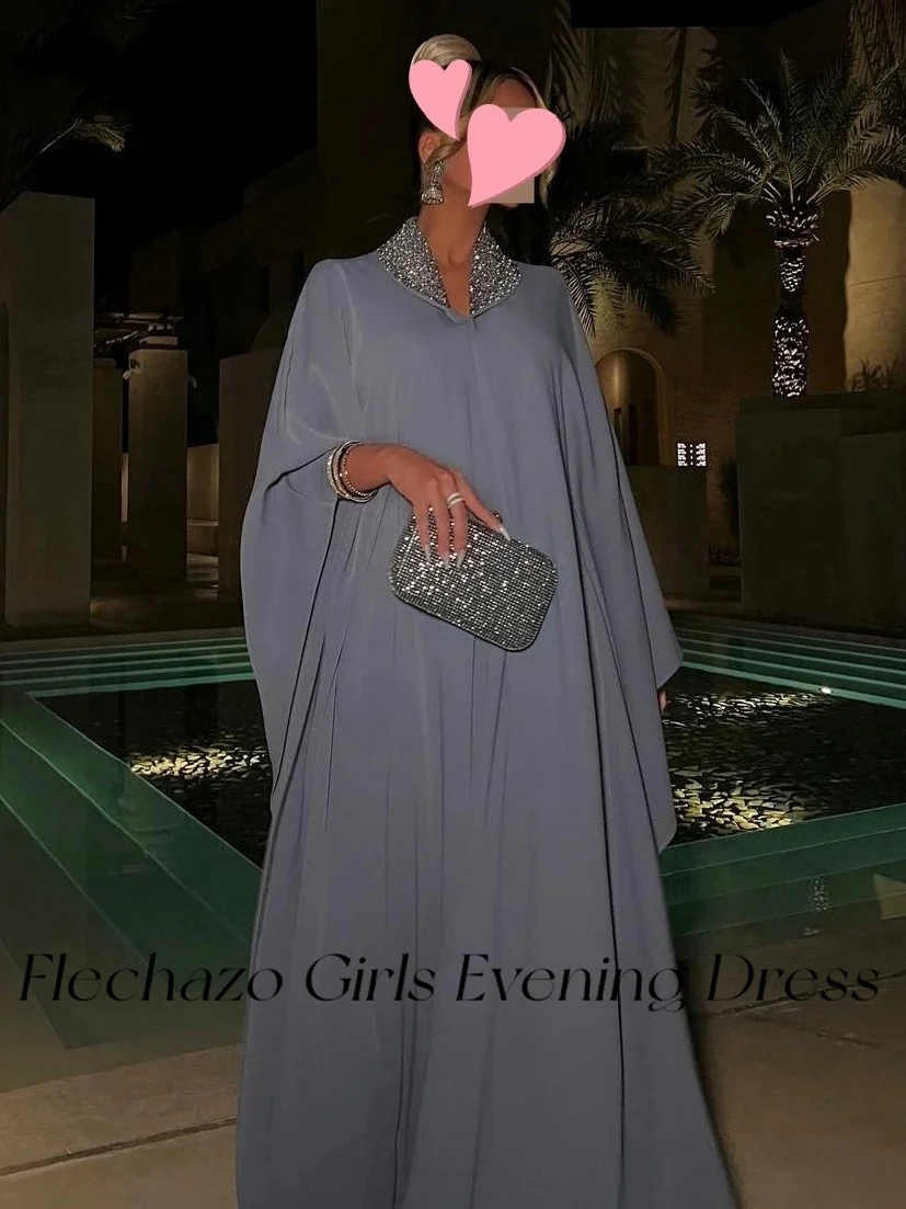 Flechazo Gray Evening Dresses V Neck Sequin Straight Vintage Formal Occasion Dress For Women 2024 Saudi فساتين السهرة