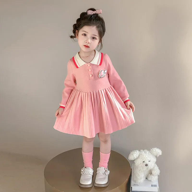 

Sanrio Anime Children' Sknitted Dress Kawaii Melody Cinnamoroll Girls 2025 Autumn New Dress Princess Sweet Polo Collar Dress