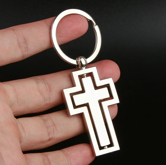 360 Degree Rotating Cross Keychain For Men Metal Hollow Car Key Pendant With Key Ring Couple Religious Gifts