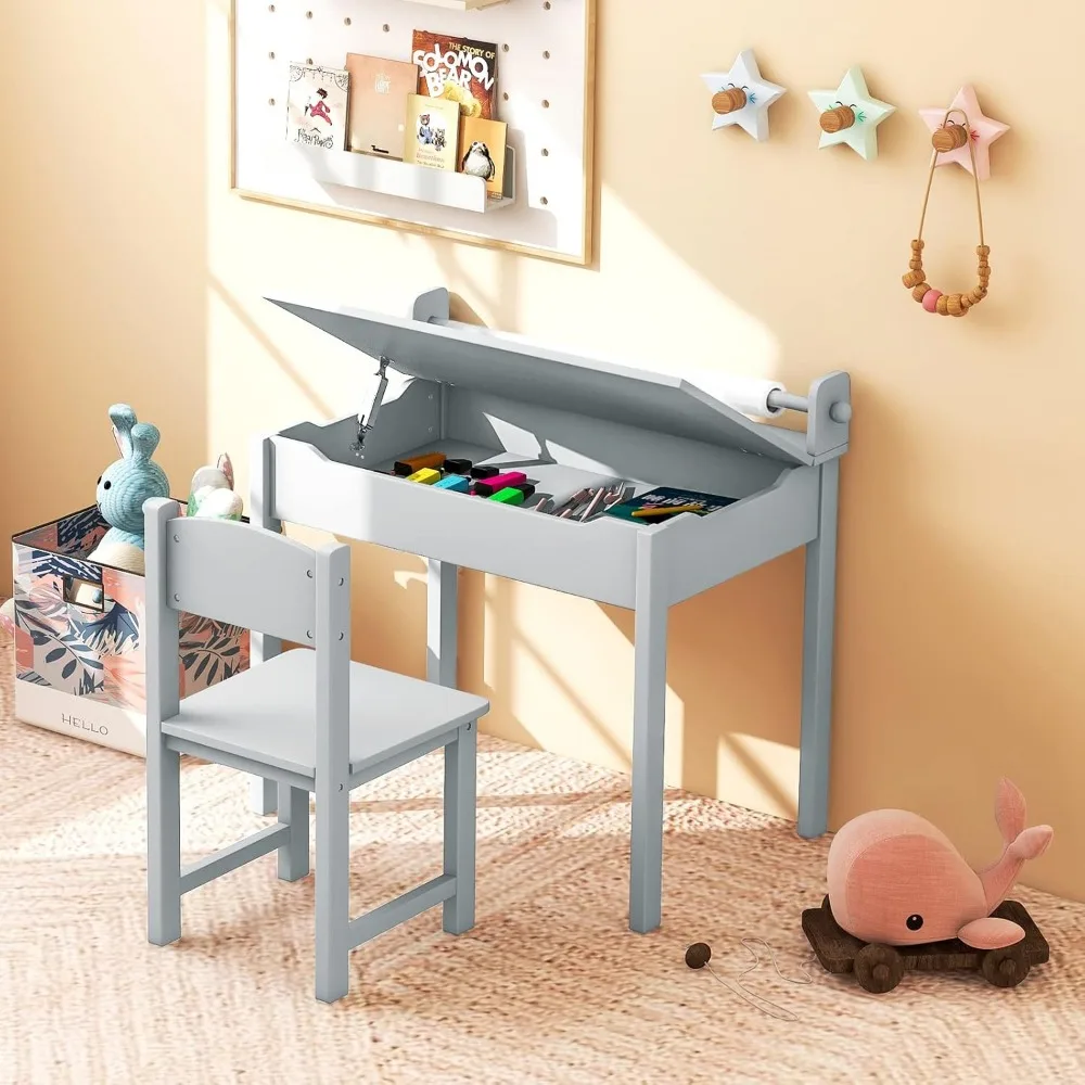 

Children's Desk and Chair Set, Flip Up Children's Desk with Chair, Children's Drawing Desk Set with Paper Roll and Marker Pen