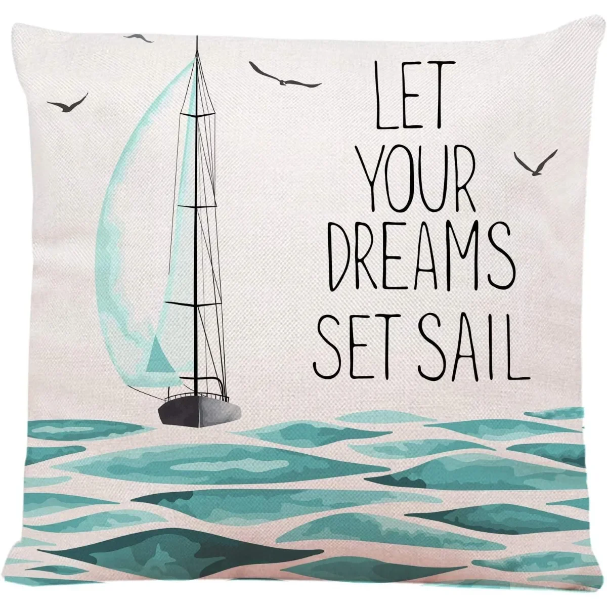 Sailboat in The Sea and Seagulls Around Made and White Watercolor Imitation Sport Decorative Throw Pillow Cushion 18x18Inch
