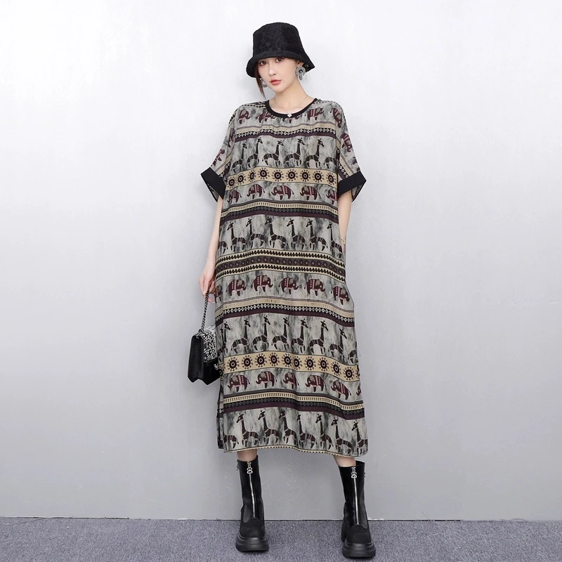 

2025 Summer New Elegant Women Loose O-Neck Printed Long Dresses Ladies Short Sleeve Fashion Dress Wholesale J1225