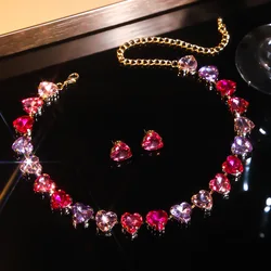 FYUAN Sweet Rose Red Heart Pendant Necklace For Women Crystal Earrings Weddings Banquet Jewelry Sets