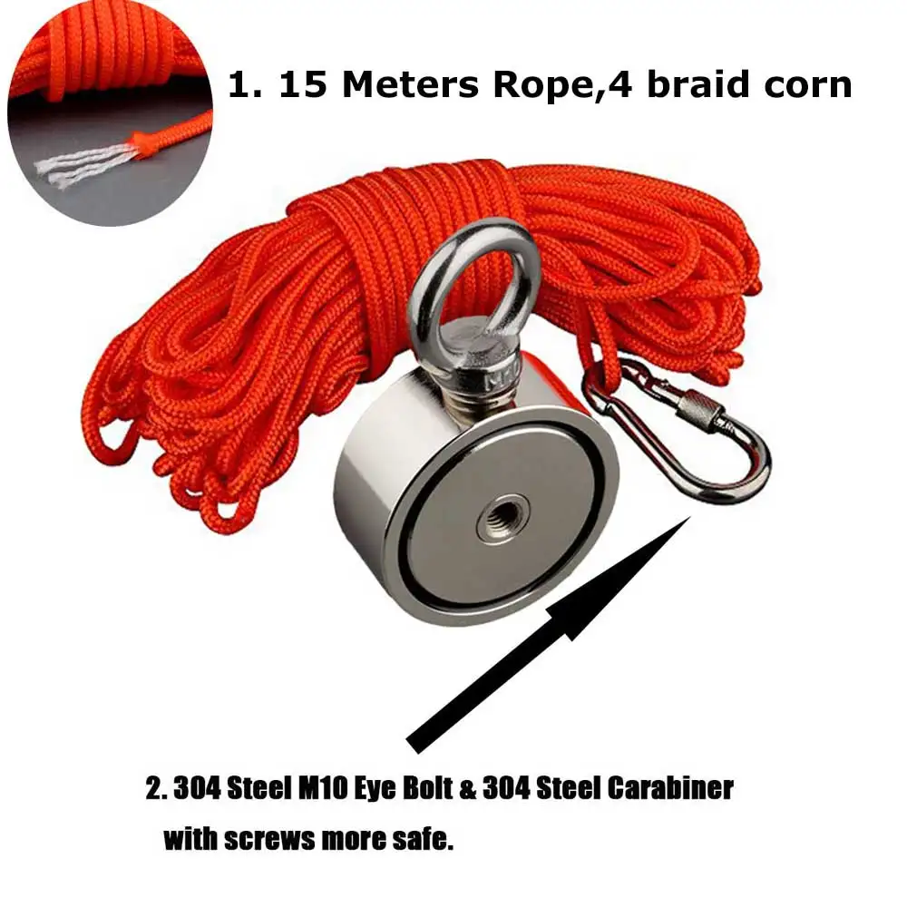 180KGX2 Powerful Double Side Search Magnet 15M Rope Strong Salvage Fishing Magnetic Detect Lift Holder
