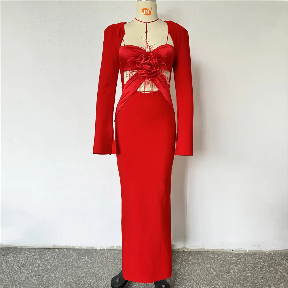 Femmes de luxe rouge robe de pansement élégant à manches longues col carré découpé longue anniversaire célébrité soirée Club robes de soirée Gala