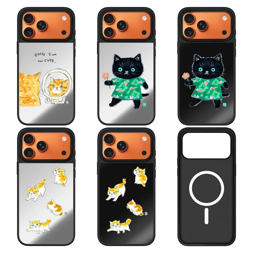 

Orange Black Cat Mirror Surface Magnetic Phone Case Cover for IPhone 12 13 14 15 16 17 Pro Max Case for IPhone 17 Air