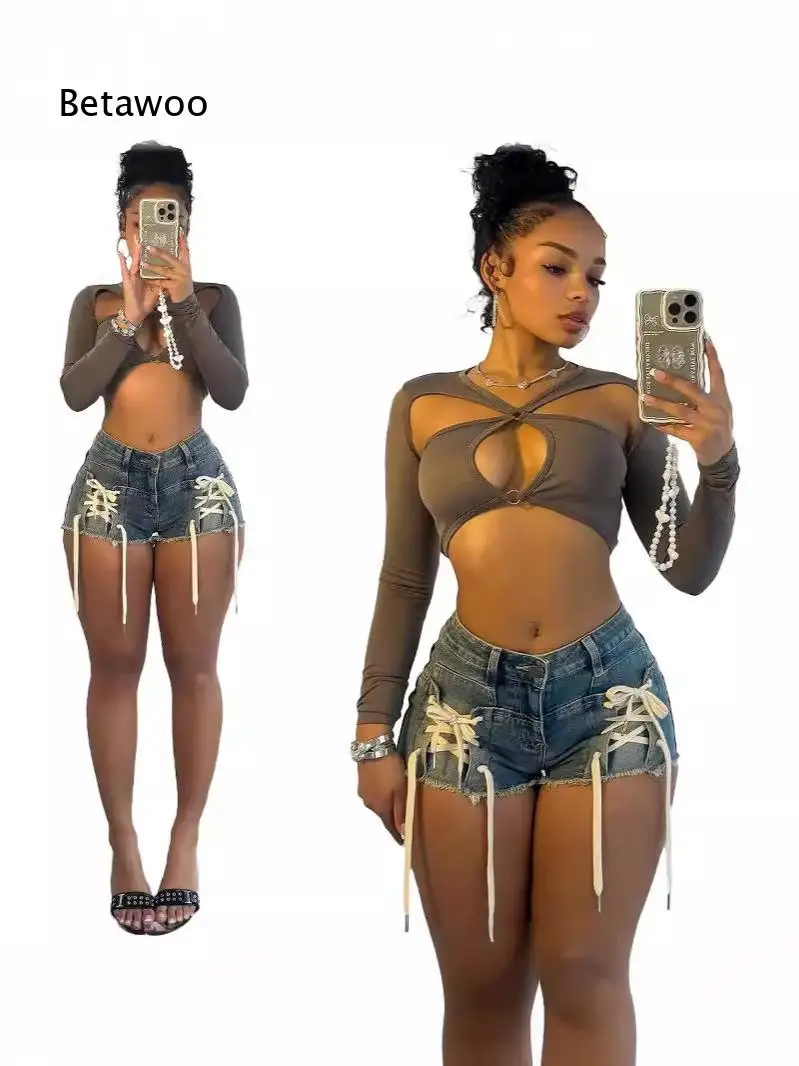 Women Spring Summer Slim Fit Unique Tie Detail Stretch Denim Shorts Fashion Trousers For Daily Street Wear Outdoor Activities A