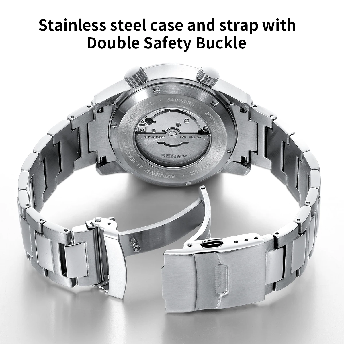 BERNY Automatische Taucheruhren für Herren, 20 ATM, superleuchtende mechanische Herren-Taucheruhr, Saphirglas, komplett aus Edelstahl – Detail 4