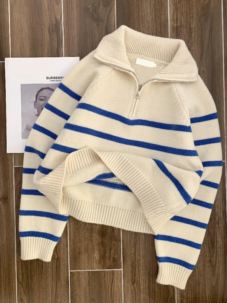 Pullovers Women Striped Zipper Loose Casual Knitted Sweaters Preppy Style Design Sweet Outwear Age-reducing Cozy Fashion Ulzzang