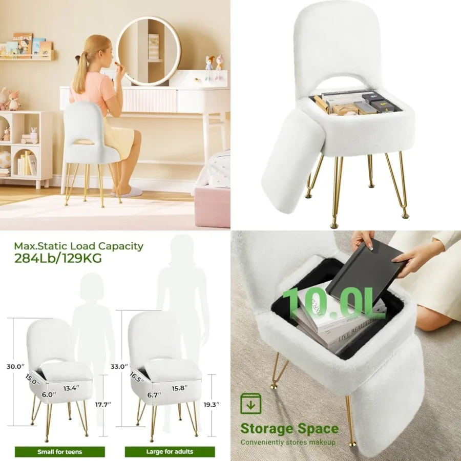 

Vanity Stool Chair with Storage and Folding Back, 13.4" x 15" x 30" Square Faux Fur Soft Ottoman, 4 Metal Legs with Anti-Slip Feet, Furry Padded Seat for Makeup, Bedroom, White