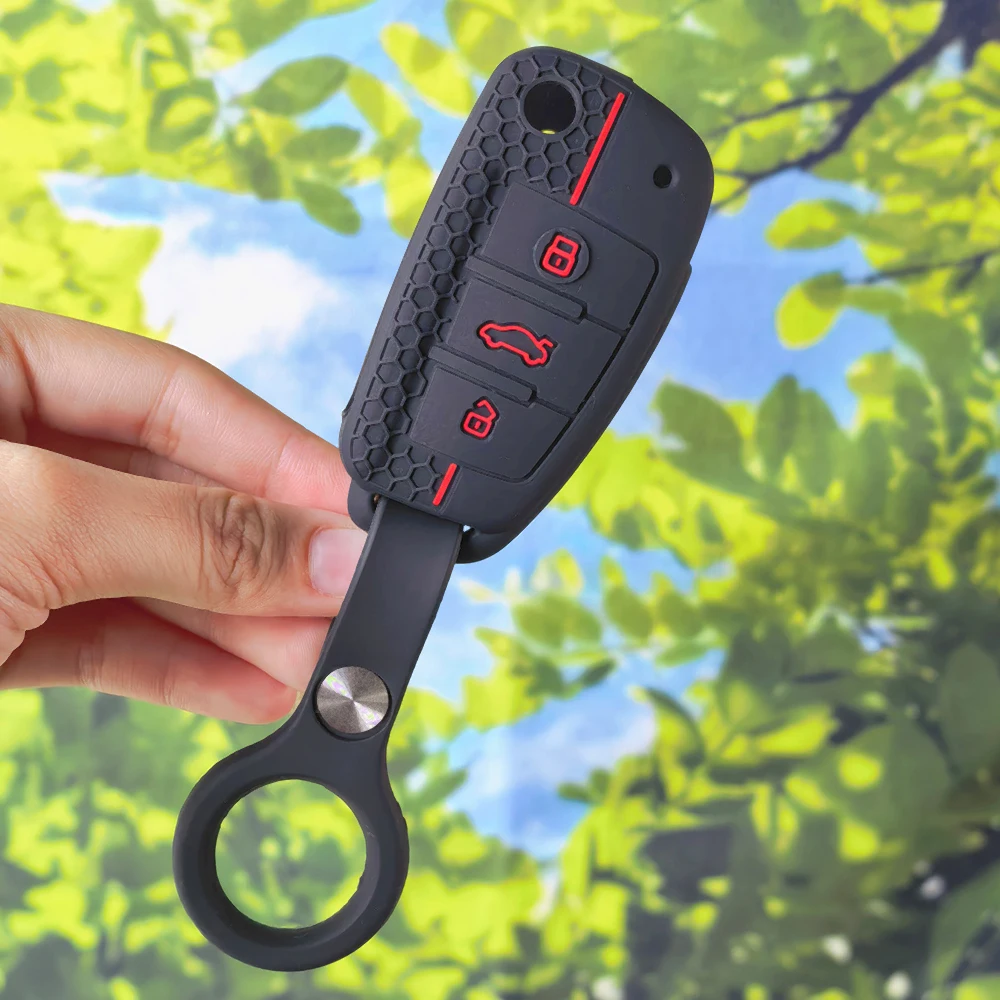 Ergonomic Red Stripe Honeycomb Key Cover With Keychain For Audi A1 A3 8P A4 B7 A6 C6 4F 8V 3 Button Flip Remote Holder view 4